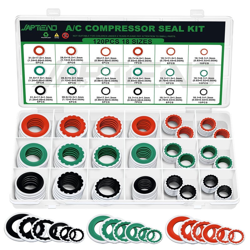 Japtend 120PCS A/C Compressor Seal Washers Assortment Kit, 18 Sizes 3 Colors Automotive Air Conditioning System Compressor Port Bonded Seal Gasket Kit (Red & Green & Black) - Image 1